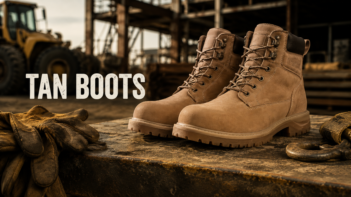 A pair of tan lace-up work boots displayed on a rough concrete surface in a construction yard, with a pair of work gloves in the foreground and a yellow construction vehicle blurred in the background. The text 'TAN BOOTS' is overlaid on the left side.