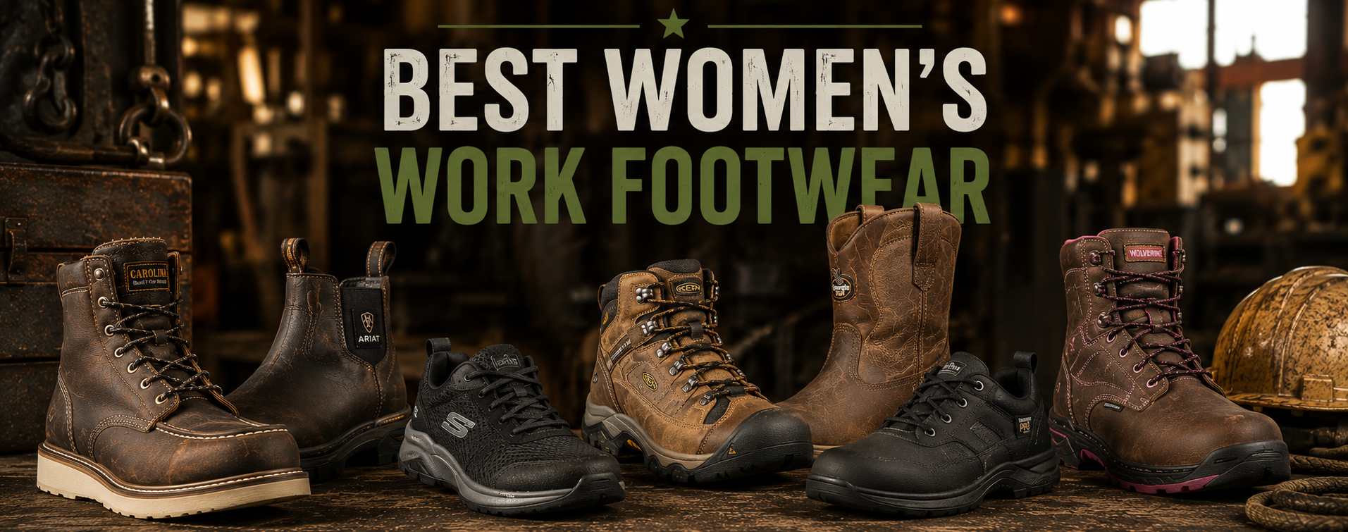 A promotional banner for women's work footwear, featuring a lineup of various lace-up boots, work shoes, and ankle boots in brown, black, and tan. The background is a dark, industrial workshop setting with a large text overlay reading 'BEST WOMEN'S WORK FOOTWEAR'.