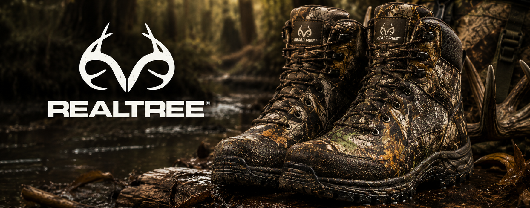 A pair of Realtree camouflage hunting boots resting on a log in a forest stream setting, with the Realtree logo displayed on the left side of the image.