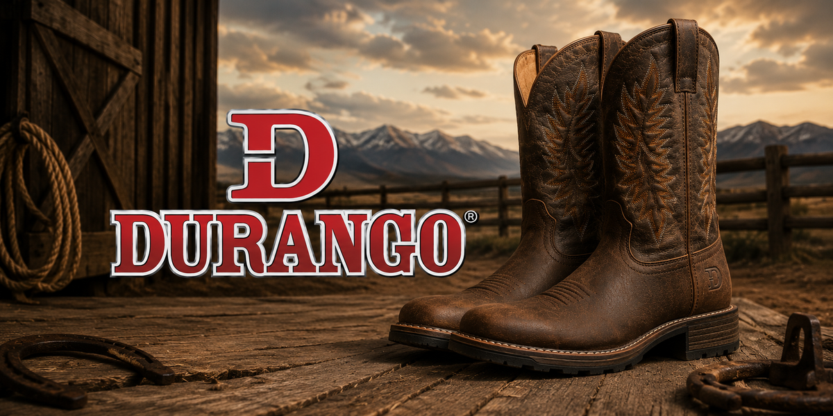 A pair of brown leather cowboy boots with western embroidery, displayed on a rustic wooden surface with a mountain backdrop and the Durango logo overlaid on the left.