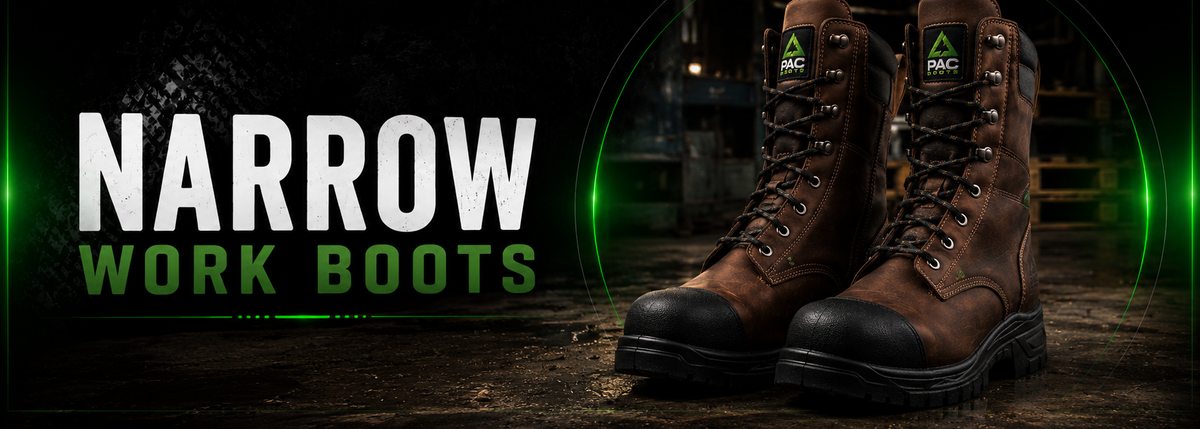 A pair of brown narrow work boots with black toe caps and laces, shown on a dark industrial-style background with green lighting and the text 'NARROW WORK BOOTS' on the left.