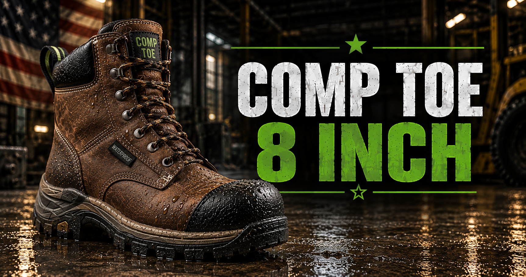 A brown leather Comp Toe 8-inch work boot is shown on a wet industrial floor with a large text overlay reading 'COMP TOE 8 INCH' on the right side.