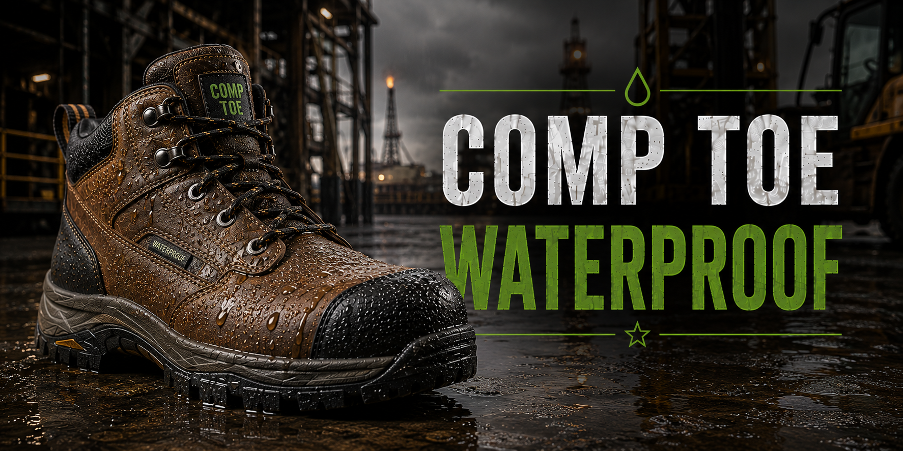 A brown waterproof work boot with a black toe cap, shown in a wet industrial setting with large text reading 'COMP TOE WATERPROOF' on the right.