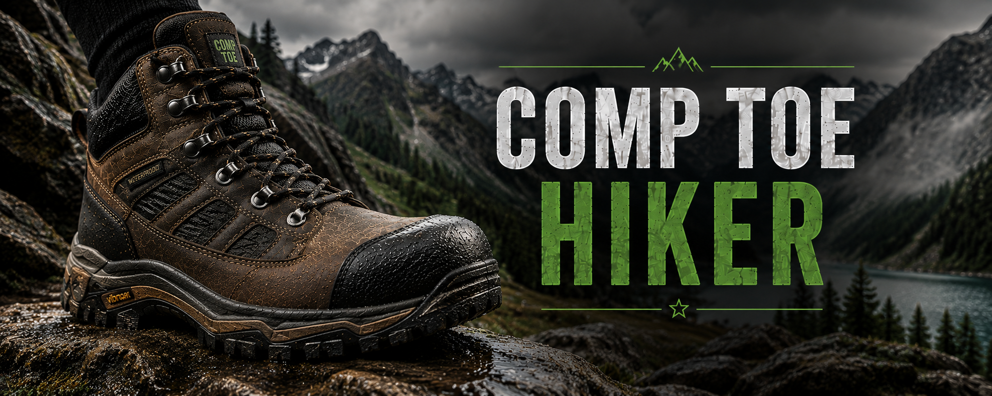 A brown and black hiking boot shown in a mountain landscape with large text reading 'COMP TOE HIKER' on the right side.