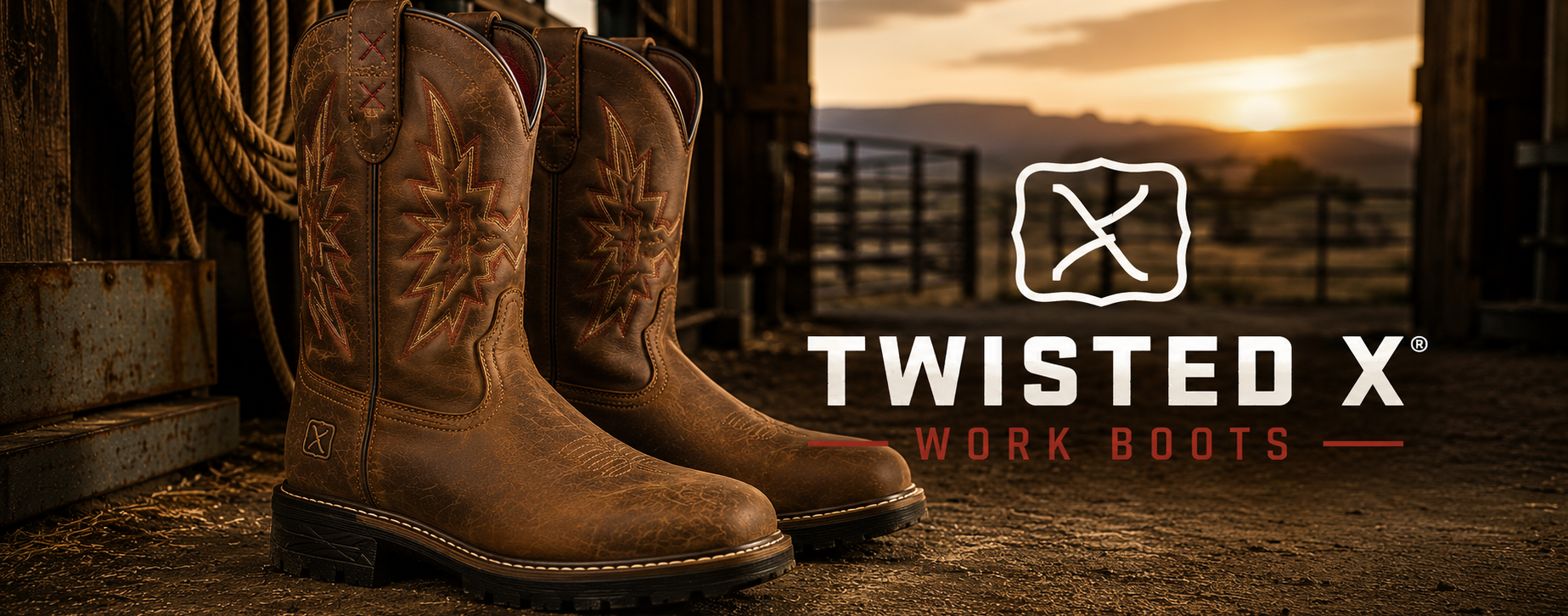 A pair of brown western work boots with embroidered star patterns on the shafts, displayed on a rustic barn floor with a sunset backdrop and the Twisted X logo overlay.