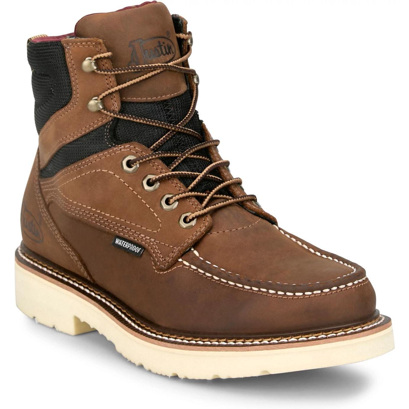 Justin Men's Bristol 6" Soft Toe Waterproof Slip Resist Work Boot- Brown- HW686 7 / Medium / Brown - Overlook Boots
