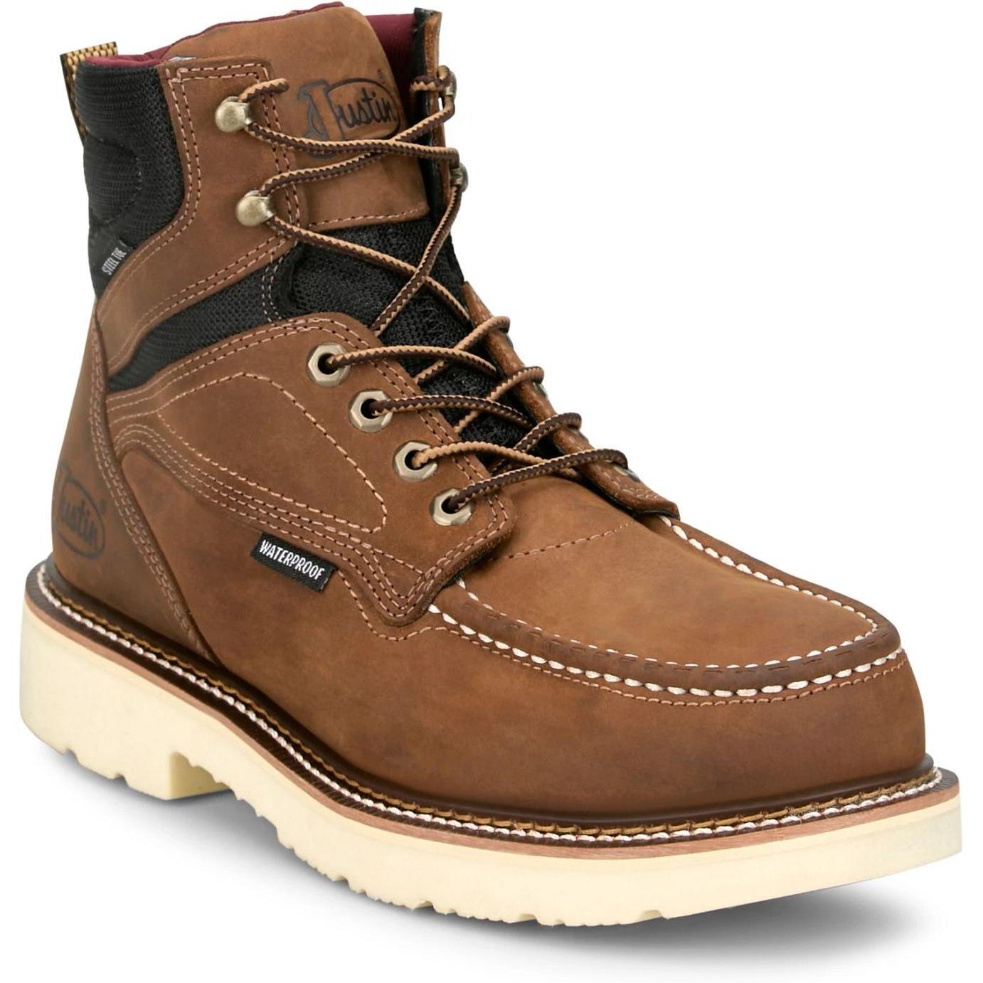 Justin Men's Bristol 6" Steel Toe Waterproof Slip Resist Work Boot- Brown- HW687 7 / Medium / Brown - Overlook Boots