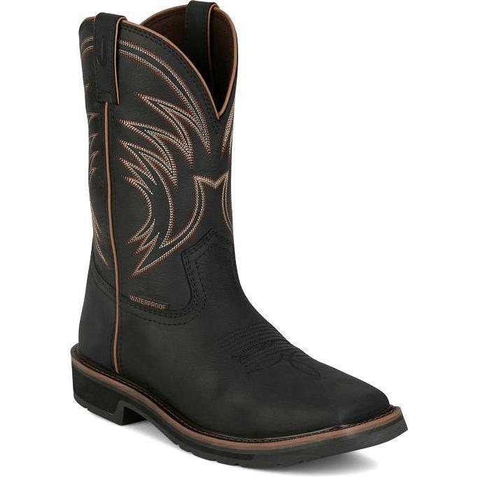Justin Men's Widowmaker 11" Square Toe WP Western Work Boot- Black- SE4240 7 / Medium / Black - Overlook Boots