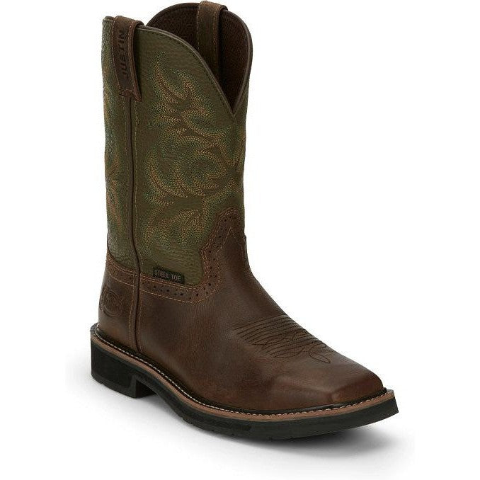 Justin Men's Driller 11" Steel Toe Western Work Boot -Brown/Green- SE4688 - Overlook Boots