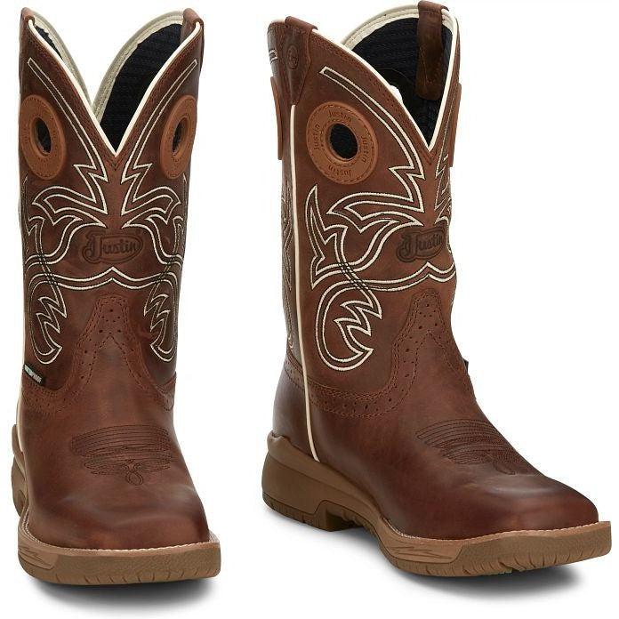 Justin Men's Nitread 11" Square Toe WP Western Work Boot -Brown- CR3200  - Overlook Boots