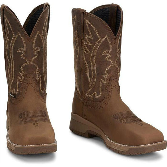 Justin Men's Nitread 11" Comp Toe Waterproof Pull On Work Boot- Brown- CR3207 - Overlook Boots