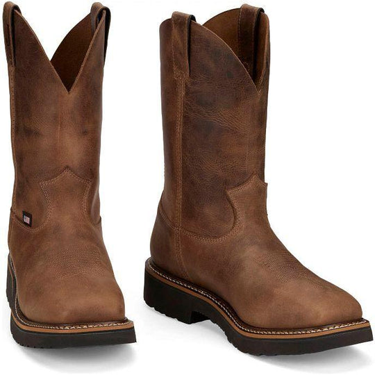 Justin Men's Ames 11" Soft Toe Waterproof Pull On Work Boot- Walnut- HL4222 - Overlook Boots