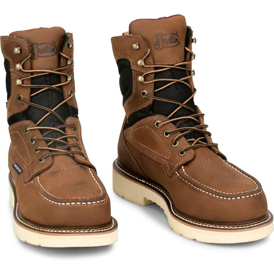 Justin Men's Ledbetter 8" Steel Toe Waterproof Western Work Boot- Brown- HW693 - Overlook Boots