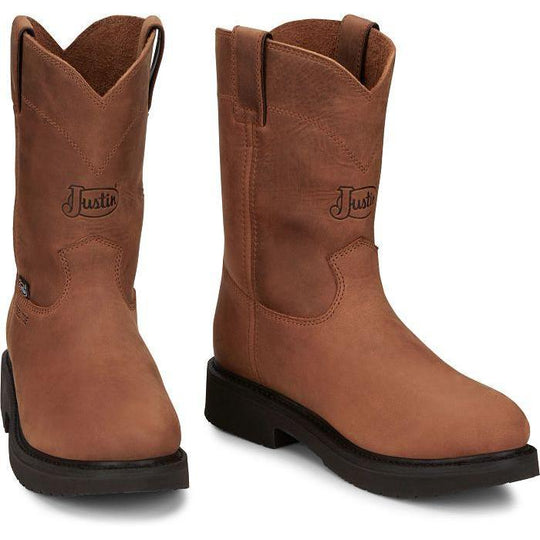 Justin Men's Round Up 10" Steel Toe Pull On Work Boot- Bark- OW4764 - Overlook Boots