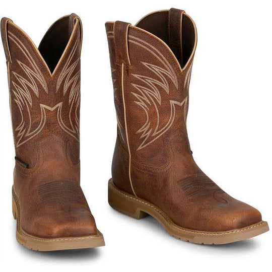 Justin Men's Daywork 11" Square Toe WP Western Work Boot - Pecan - SE4242 - Overlook Boots