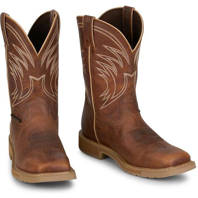Justin Men's Daywork 11" Square Toe WP Western Work Boot- Pecan- SE4242 - Overlook Boots