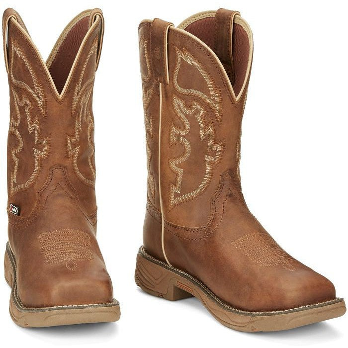 Justin Stampede Steel Toe Work Boots - Waterproof Tan Leather, 12D - Rugged Comfort For Construction & Work