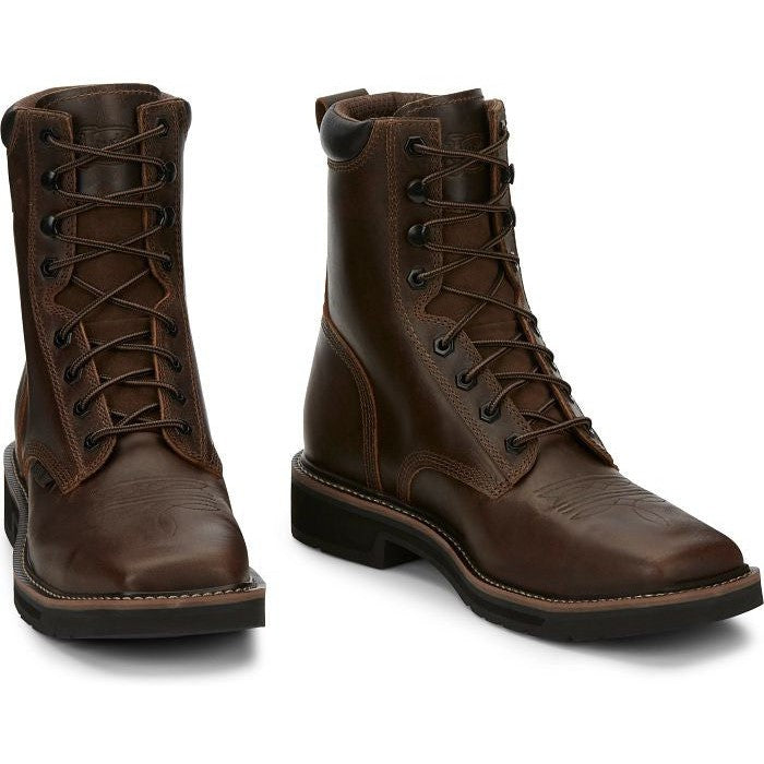 Justin Men's Pulley 8" Steel Toe Lace Up Western Work Boot -Brown- SE682  - Overlook Boots
