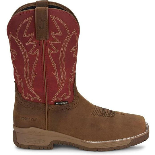 Justin Men's Nitread 11" Comp Toe Waterproof Pull On Work Boot- Brown- CR3209 7.0 / Medium / Brown - Overlook Boots