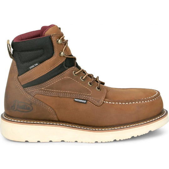 Justin Men's Garren 6" Steel Toe Waterproof Slip Resist Work Boot- Brown- HW689 - Overlook Boots