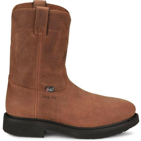 Justin Men's Round Up 10" Steel Toe Pull On Work Boot- Bark- OW4764 - Overlook Boots