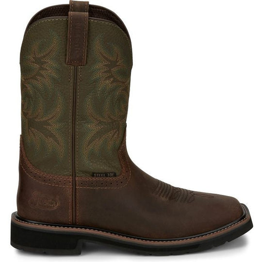 Justin Men's Driller 11" Steel Toe Western Work Boot -Brown/Green- SE4688 7.0 / Medium / Copper - Overlook Boots