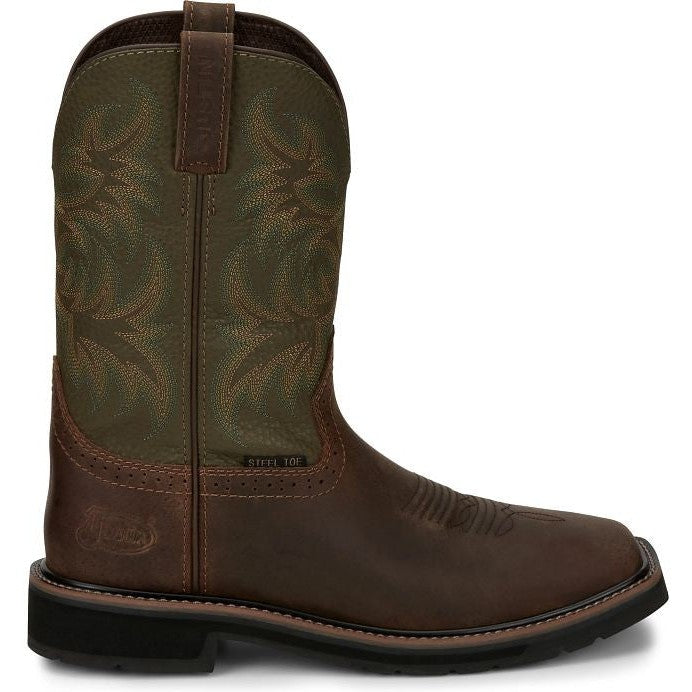 Justin Men's Driller 11" Steel Toe Western Work Boot -Brown/Green- SE4688 8 / Medium / Copper - Overlook Boots