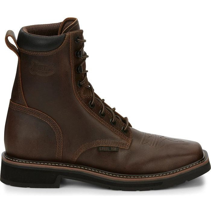 Justin Men's Pulley 8" Steel Toe Lace Up Western Work Boot -Brown- SE682 8 / Medium / Brown - Overlook Boots