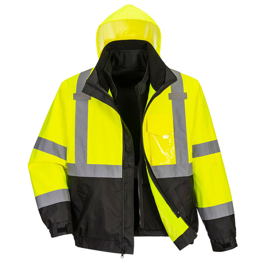 Portwest Hi-Vis 3-in-1 Contrast Premium Bomber Jacket - Yellow/Black Tall - US365 L - Overlook Boots