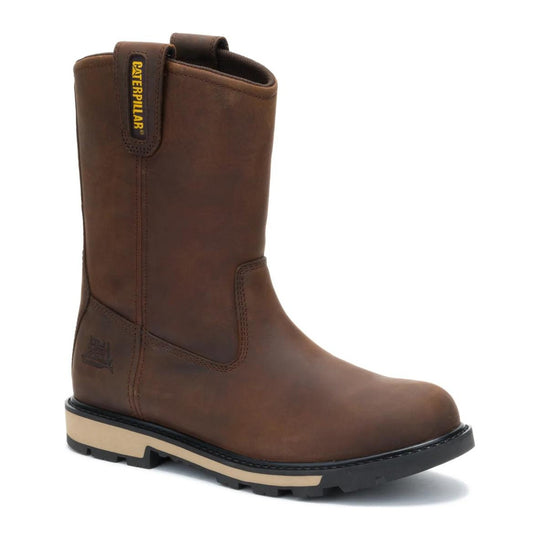 Cat Men's 247 10" Soft Toe Wellington Work Boot - Dark Brown - P51124 - Front Angle - Overlook Boots