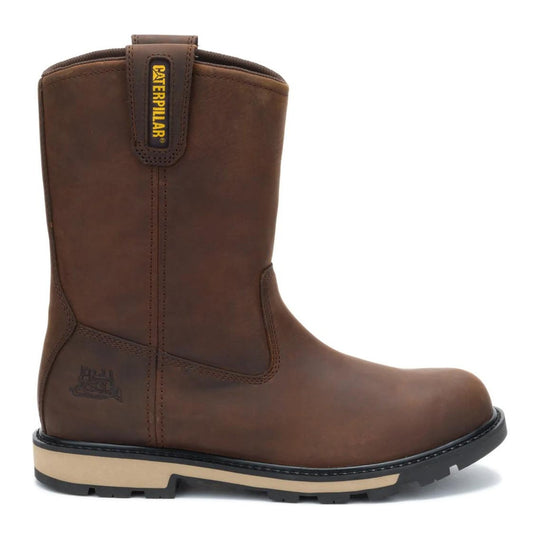 Cat Men's 247 10" Soft Toe Wellington Work Boot - Dark Brown - P51124 - Side Profile - Overlook Boots