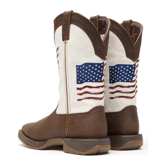 Durango Men's Rebel Distressed Flag Embroidery 12" Square Toe Western Boot - Bay Brown/White - DDB0312 - Back View - Overlook Boots