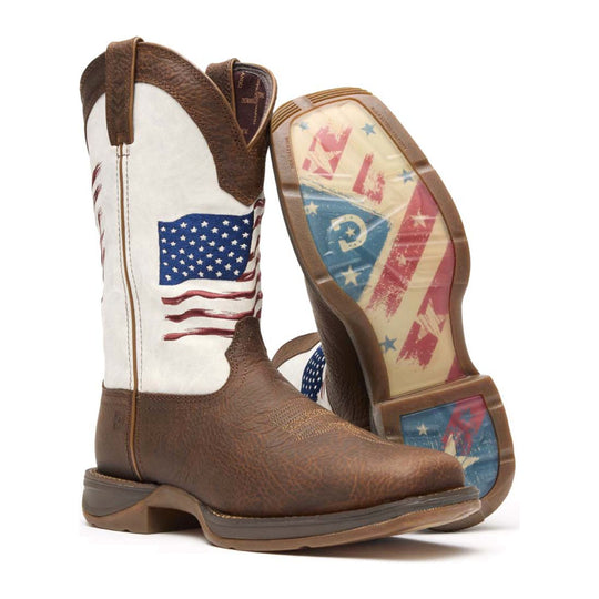 Durango Men's Rebel Distressed Flag Embroidery 12" Square Toe Western Boot - Bay Brown/White - DDB0312 - Outsole - Overlook Boots