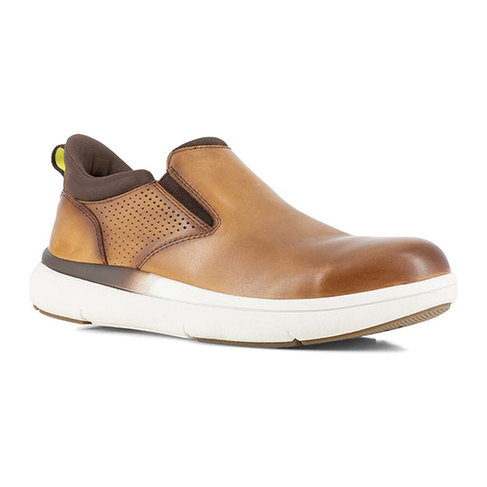 Florsheim Men's Fleet Work Composite Toe Static Dissipative Elastic Work Slip-On - Cognac - FS2784 - Front Angle - Overlook Boots