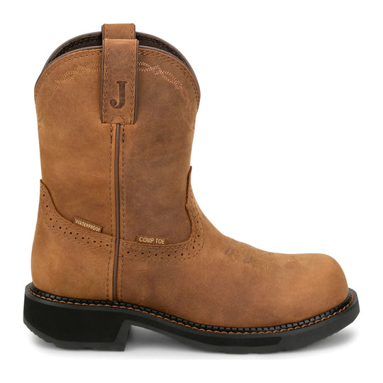 Justin Women's Darby 8" Nano Composite Toe Waterproof Western Work Boot - Brown - GY9949 - Side Profile - Overlook Boots