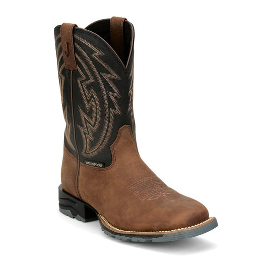 Justin Men's Lytle 11" Steel Toe Waterproof Western Work Boot - Brown/Black - MV4591 - Front Angle - Overlook Boots