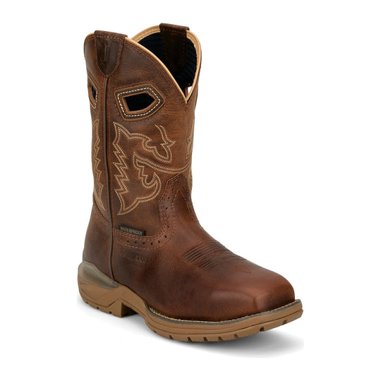Justin Men's Oilpatch 11" Nano Composite Toe Waterproof Western Work Boot - Tan - WR4149 - Front Angle - Overlook Boots