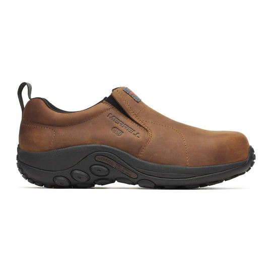 Merrell Work Men's Jungle Moc Leather Hi-Vis Carbon Fiber Toe Waterproof Static Dissipative Wide Work Shoe - Brown - J008037W - Overlook Boots