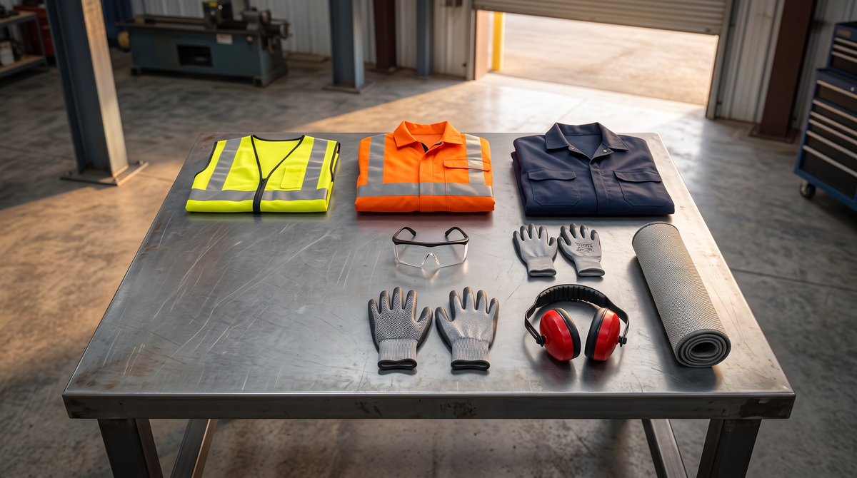 Portwest hi-vis, FR and PPE laid out on a shop workbench