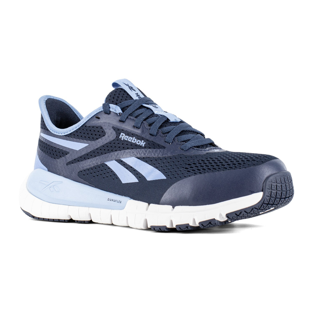 Reebok Women's Flex Trainer Composite Toe Static Dissipative Athletic Work Shoe - Navy and Sky Blue - RB513 - Front Angle - Overlook Boots