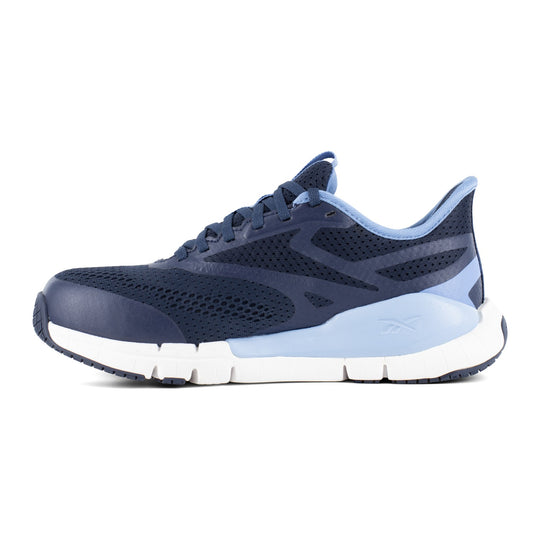 Reebok Women's Flex Trainer Composite Toe Static Dissipative Athletic Work Shoe - Navy and Sky Blue - RB513 - Inside Profile - Overlook Boots