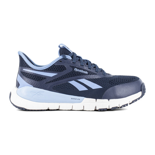 Reebok Women's Flex Trainer Composite Toe Static Dissipative Athletic Work Shoe - Navy and Sky Blue - RB513 - Side Profile - Overlook Boots