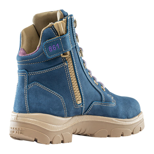 Steel Blue Women's Southern Cross Zip 6" Steel Toe Water Resistant Side Zip Work Boot - Blue - 812861 - Rear Angle - Overlook Boots