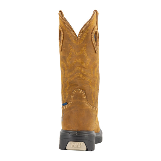 Steel Blue Men's Blue Heeler 10" Steel Toe Waterproof Western Work Boot - Brown - 813945 - Back View - Overlook Boots