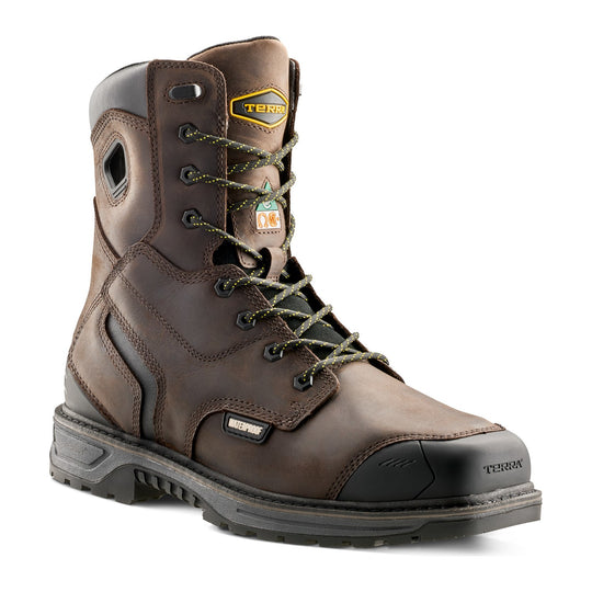 Terra Men's Stockton Square Toe 8" Composite Toe Waterproof Safety Work Boot - Dark Brown - 1099DB - Front Angle - Overlook Boots
