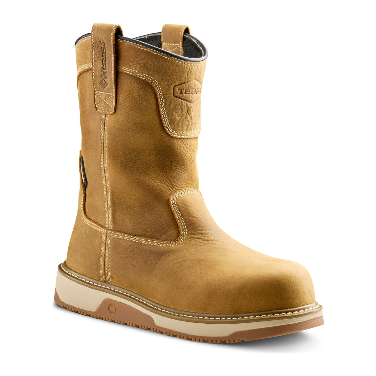 Terra Men's Ironstone Round Toe Pull-On Composite Toe Waterproof Safety Work Boot - Tan - 1163TN - Front Angle - Overlook Boots