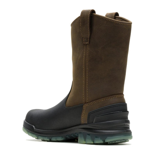 Wolverine Men's DuraShocks SR Icon Derrick Wellington CarbonMAX Composite Toe Waterproof Pull On Work Boot - Dark Coffee - W261087 - Rear Angle - Overlook Boots